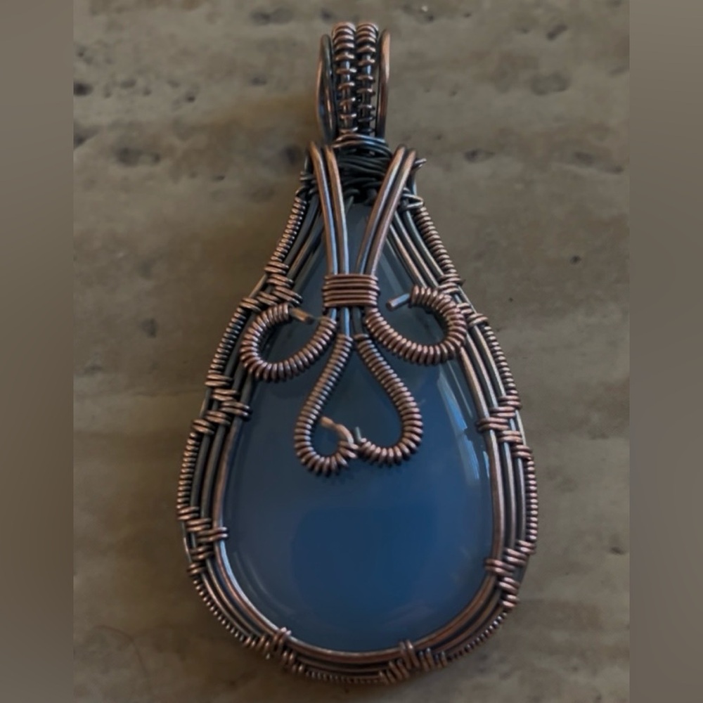 Handcrafted Copper Wire Wrapped Blue Chalcedony Teardrop Pendant-Brand new